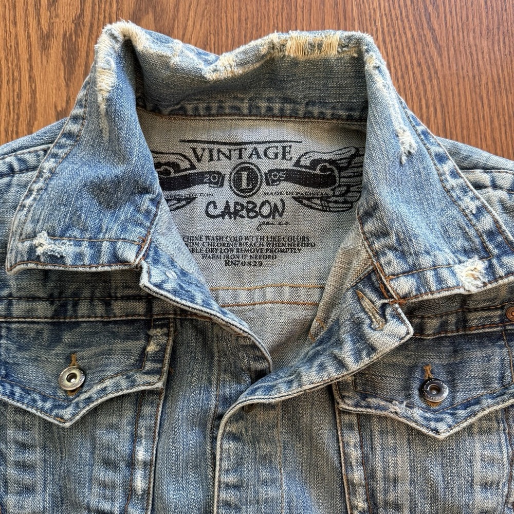 Denim Jean Jacket Distressed Unisex Large Carbon Y2K 2005‎ Vintage Punk Grunge